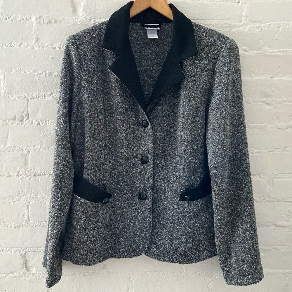 Vintage Gray Black Tweed Blazer Jacket Velvet Collar Trim Academia